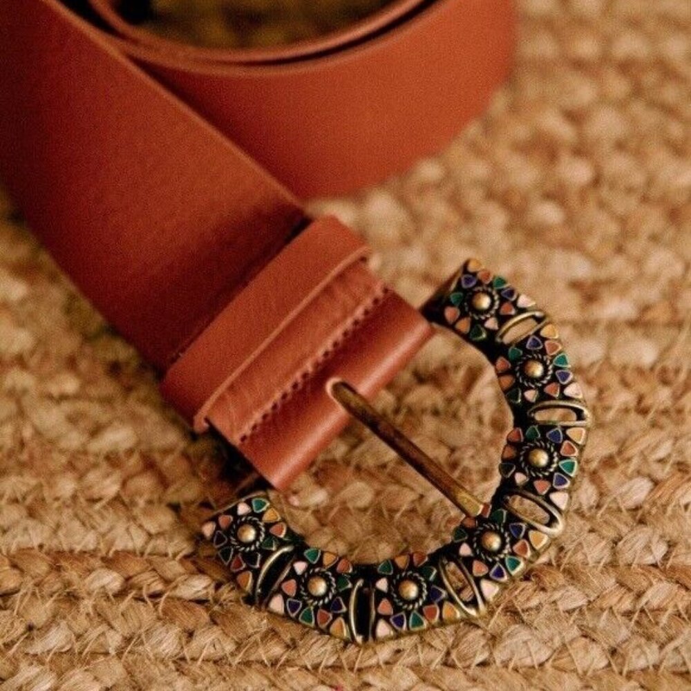 Sezane - Brown Leather Belt with Ornate Buckle